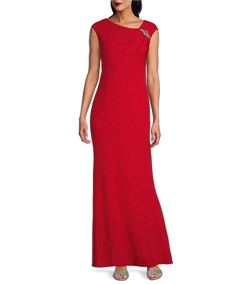 Ignite Evenings Asymmetrical Neck Sleeveless Embellished Gown