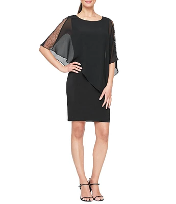 Ignite Evenings Asymmetrical Popover Round Neck Short Capelet Sleeve Embellished Sheath Dress