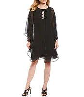 Ignite Evenings Long Cape Sleeve Beaded Keyhole Round Neck Capelet 2-Piece Jacket Dress