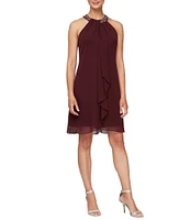 Ignite Evenings Beaded Braid Sleeveless Halter Neck Chiffon Ruffle Front Dress