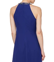 Ignite Evenings Beaded Braid Sleeveless Halter Neck Chiffon Ruffle Front Dress