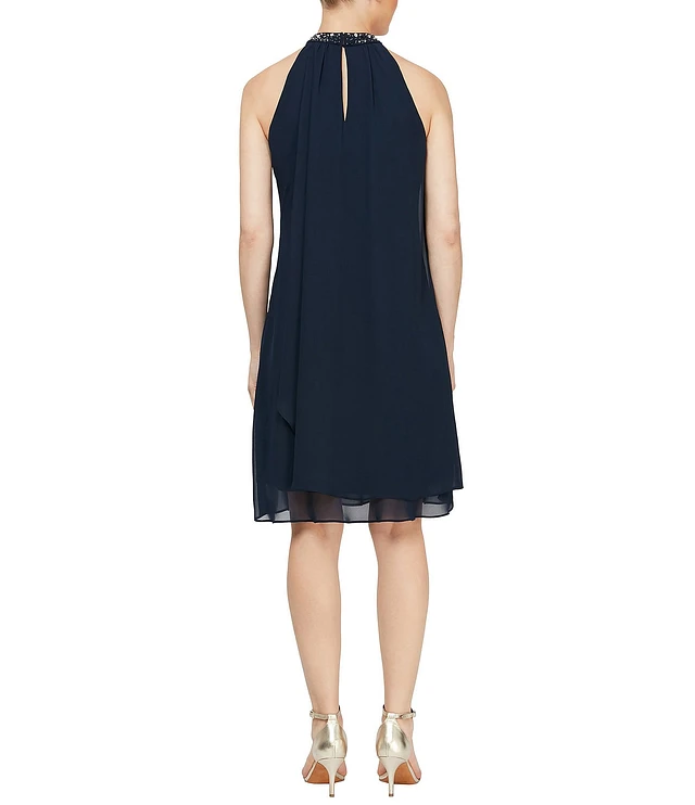 Compare Ignite Evenings Beaded Halter Neck Sleeveless Chiffon Draped Dress  | Hamilton Place