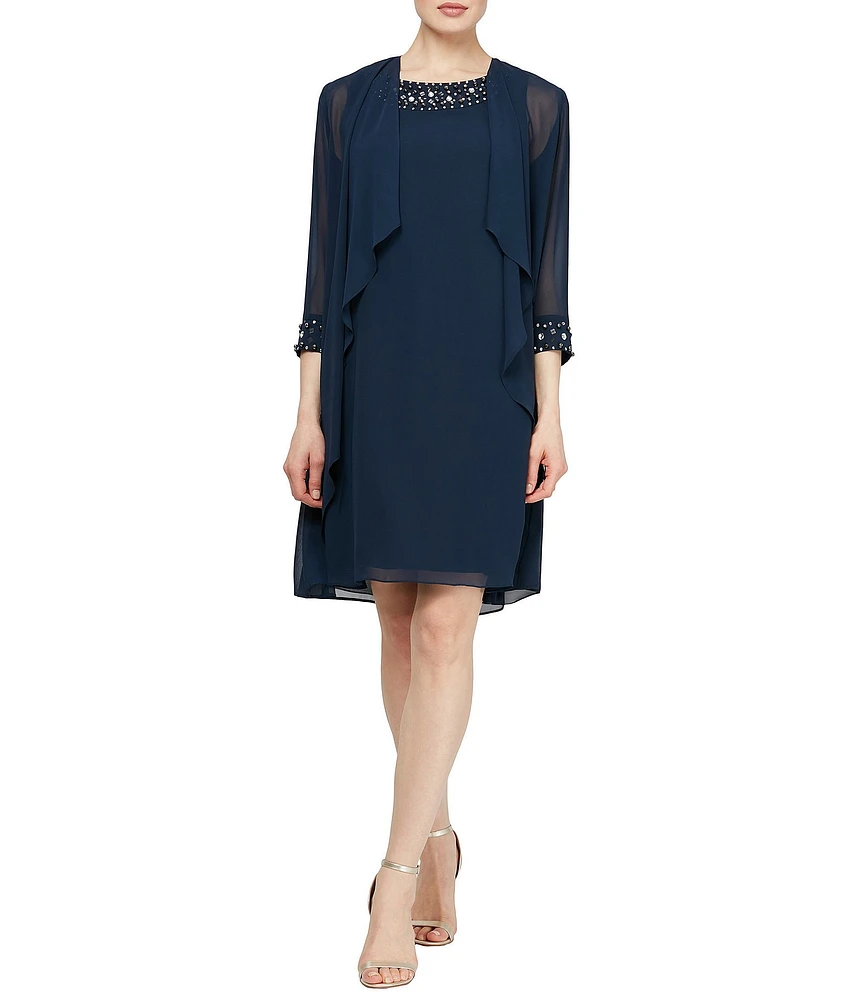 Ignite Evenings Chiffon Beaded Crew Neck 3/4 Sleeve 2-Piece Jacket Dress