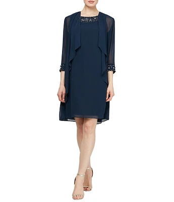 Ignite Evenings Chiffon Beaded Crew Neck 3/4 Sleeve 2-Piece Jacket Dress