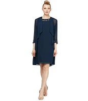 Ignite Evenings Chiffon Beaded Crew Neck 3/4 Sleeve 2-Piece Jacket Dress