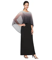 Ignite Evenings Beaded Ombre Popover 3/4 Sleeve Round Neck Gown