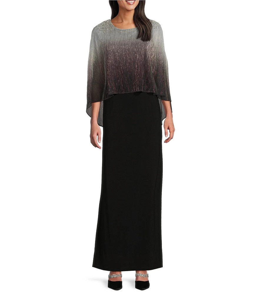 Ignite Evenings Beaded Ombre Popover 3/4 Sleeve Round Neck Gown