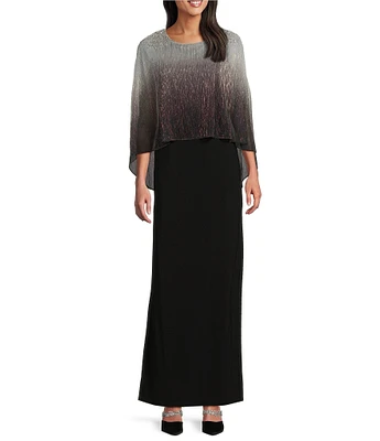 Ignite Evenings Beaded Ombre Popover 3/4 Sleeve Round Neck Gown