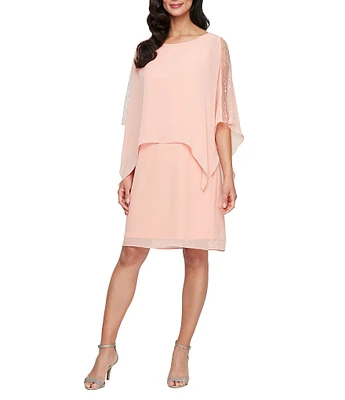 Ignite Evenings Boat Neck 3/4 Sleeve Beaded Chiffon Overlay Sheath Dress