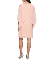 Ignite Evenings Boat Neck 3/4 Sleeve Beaded Chiffon Overlay Sheath Dress