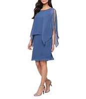 Ignite Evenings Boat Neck 3/4 Sleeve Beaded Chiffon Overlay Sheath Dress