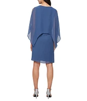 Ignite Evenings Boat Neck 3/4 Sleeve Beaded Chiffon Overlay Sheath Dress