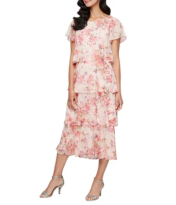 Ignite Evenings Boat Neck Short Sleeve Tiered Floral Midi Dress