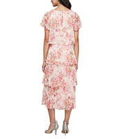 Ignite Evenings Boat Neck Short Sleeve Tiered Floral Midi Dress