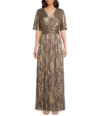 Ignite Evenings Bodre Surplice Neck Flutter Sleeve Foil Floral A-Line Gown