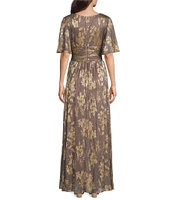 Ignite Evenings Bodre Surplice Neck Flutter Sleeve Foil Floral A-Line Gown