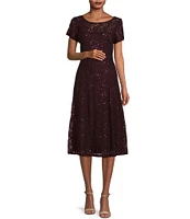 Ignite Evenings Round Neck Short Sleeve Sequin Lace Midi Dress