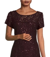 Ignite Evenings Round Neck Short Sleeve Sequin Lace Midi Dress