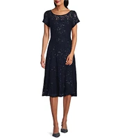 Ignite Evenings Round Neck Short Sleeve Sequin Lace Midi Dress