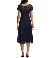 Ignite Evenings Round Neck Short Sleeve Sequin Lace Midi Dress