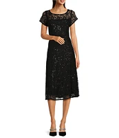 Ignite Evenings Round Neck Short Sleeve Sequin Lace Midi Dress