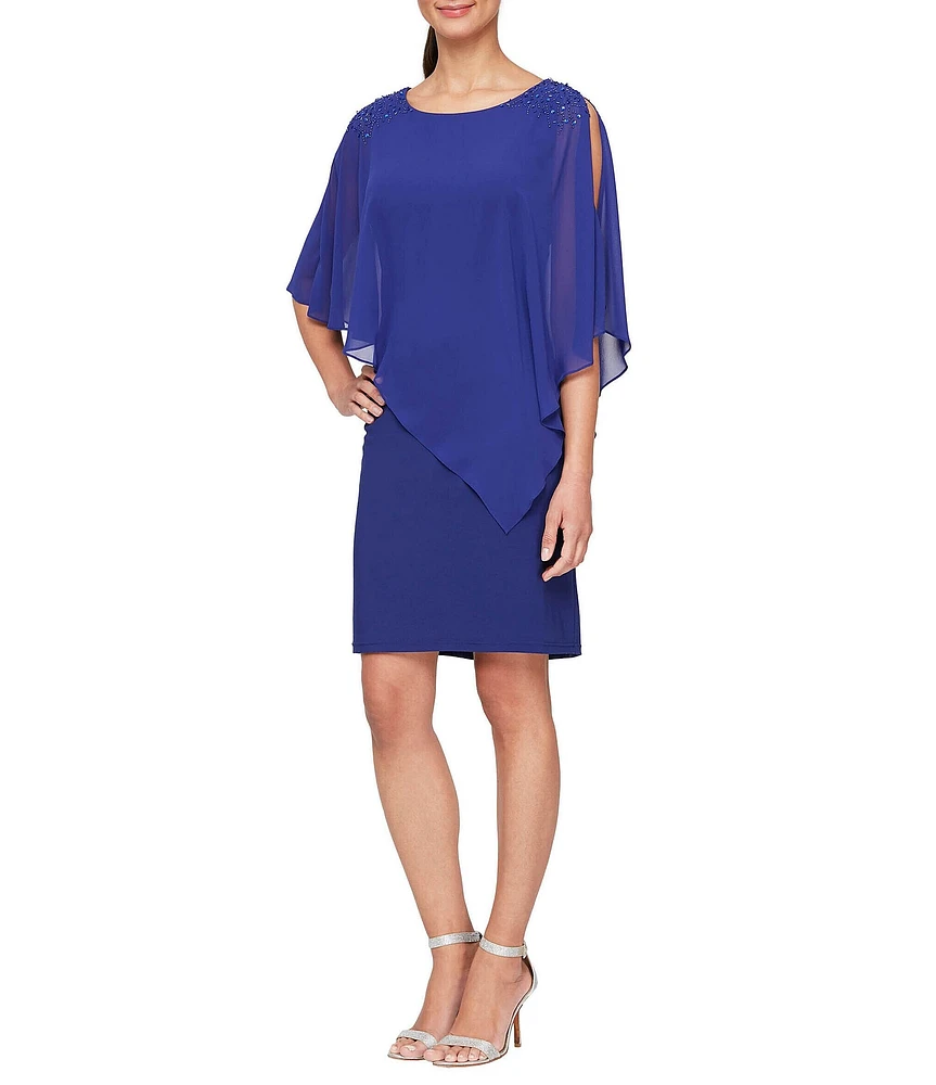 Ignite Evenings Chiffon Asymmetric Overlay 3/4 Sleeve Beaded Shoulder Detail Round Neck Sheath Dress