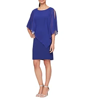 Ignite Evenings Chiffon Asymmetric Overlay 3/4 Sleeve Beaded Shoulder Detail Round Neck Sheath Dress