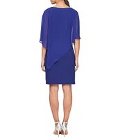 Ignite Evenings Chiffon Asymmetric Overlay 3/4 Sleeve Beaded Shoulder Detail Round Neck Sheath Dress