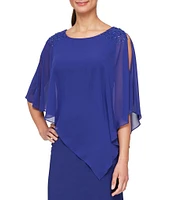 Ignite Evenings Chiffon Asymmetric Overlay 3/4 Sleeve Beaded Shoulder Detail Round Neck Sheath Dress