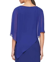 Ignite Evenings Chiffon Asymmetric Overlay 3/4 Sleeve Beaded Shoulder Detail Round Neck Sheath Dress