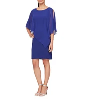 Ignite Evenings Chiffon Asymmetric Overlay 3/4 Sleeve Beaded Shoulder Detail Round Neck Sheath Dress