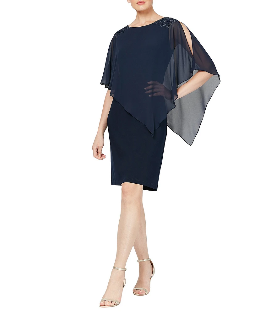 Ignite Evenings Chiffon Asymmetric Overlay 3/4 Sleeve Beaded Shoulder Detail Round Neck Sheath Dress