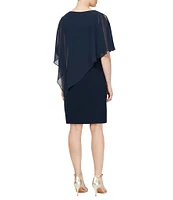 Ignite Evenings Chiffon Asymmetric Overlay 3/4 Sleeve Beaded Shoulder Detail Round Neck Sheath Dress