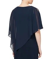 Ignite Evenings Chiffon Asymmetric Overlay 3/4 Sleeve Beaded Shoulder Detail Round Neck Sheath Dress