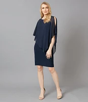 Ignite Evenings Chiffon Asymmetric Overlay 3/4 Sleeve Beaded Shoulder Detail Round Neck Sheath Dress