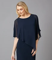 Ignite Evenings Chiffon Asymmetric Overlay 3/4 Sleeve Beaded Shoulder Detail Round Neck Sheath Dress