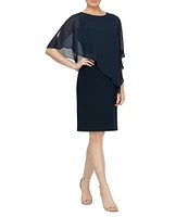 Ignite Evenings Chiffon Asymmetric Overlay 3/4 Sleeve Beaded Shoulder Detail Round Neck Sheath Dress