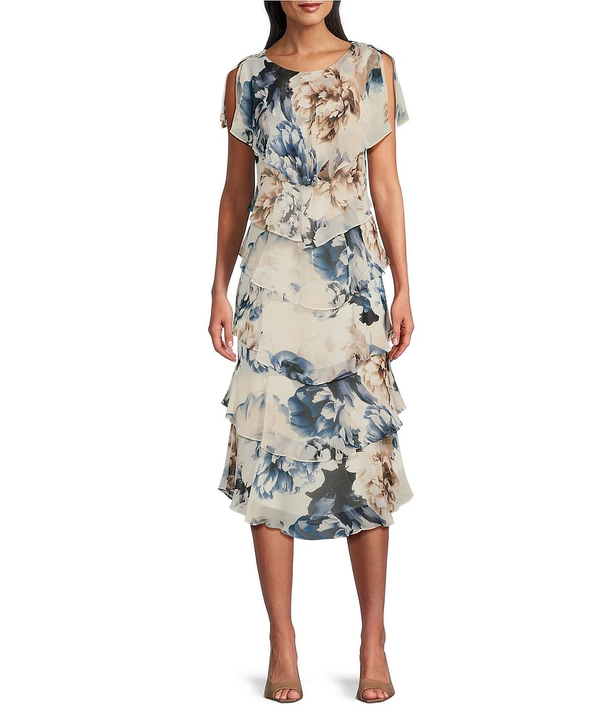 Ignite Evenings Chiffon Embellished Shoulder Cap Sleeve Crew Neck Printed Tiered Shift Midi Dress