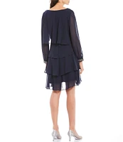 Ignite Evenings Chiffon Rhinestone Cuffed Long Sleeve Tiered Dress