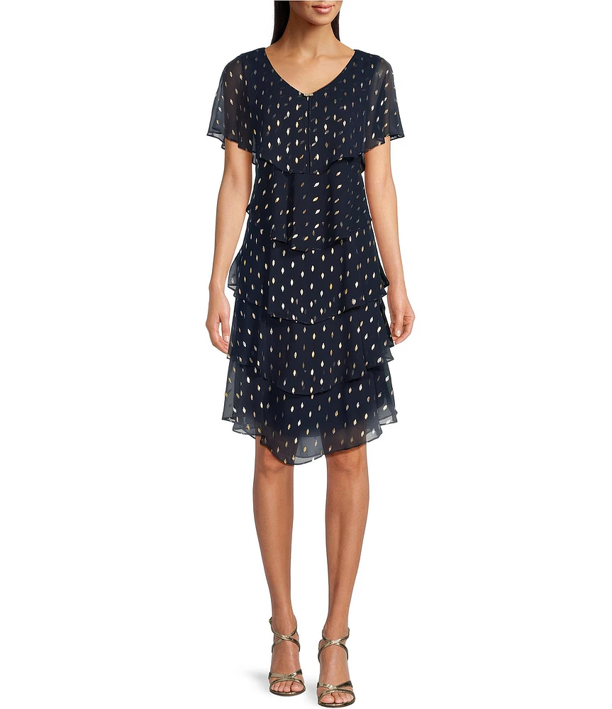 Ignite Evenings Chiffon Metallic Polka Dot Print V-Neck Short Sleeve Tiered Caplet Dress