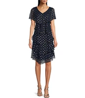 Ignite Evenings Chiffon Metallic Polka Dot Print V-Neck Short Sleeve Tiered Caplet Dress