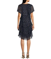 Ignite Evenings Chiffon Metallic Polka Dot Print V-Neck Short Sleeve Tiered Caplet Dress