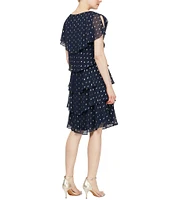 Ignite Evenings Chiffon Metallic Polka Dot Print V-Neck Short Sleeve Tiered Caplet Dress