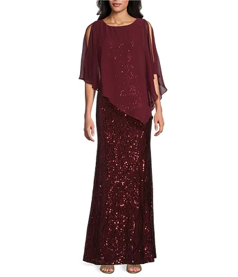 Ignite Evenings Chiffon Sequin Crew Neck Flutter Sleeve Overlay Sheath Dress