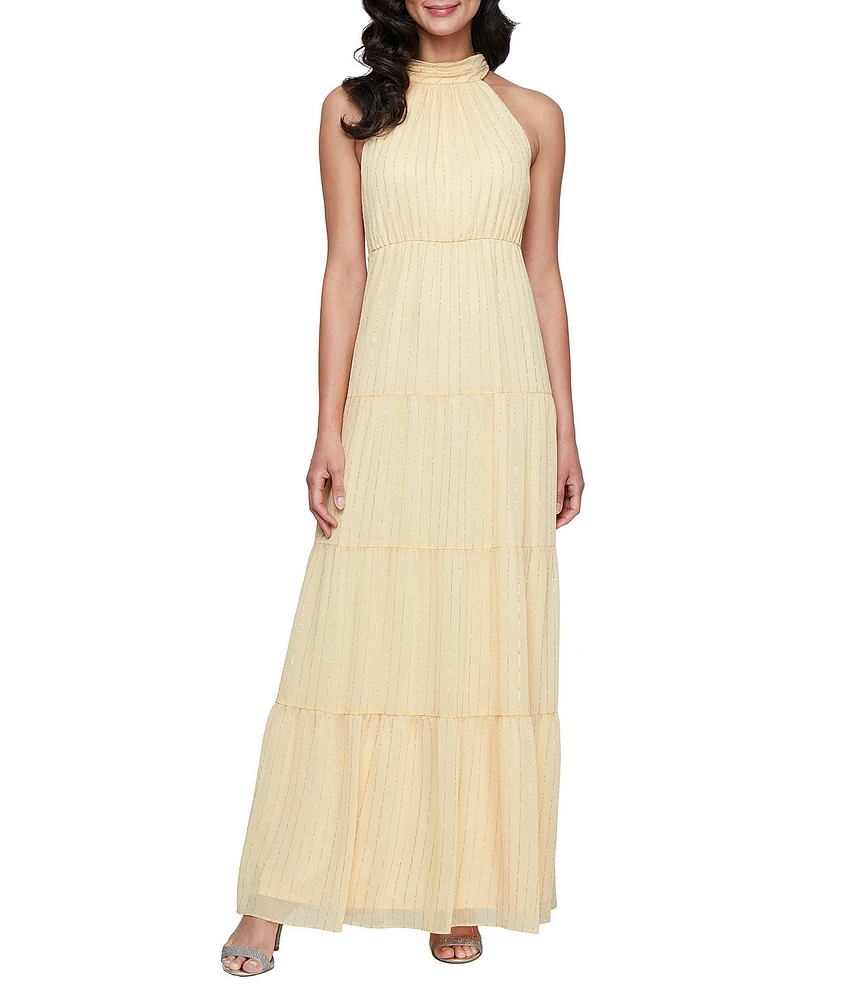 Ignite Evenings Chiffon Sleeveless Tiered Halter Maxi Dress