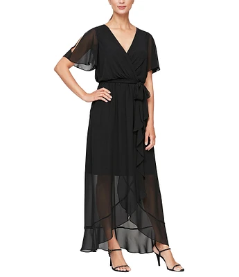 Ignite Evenings Chiffon Surplice V-Neck Short Sleeve Ruffle Hem Wrap Dress