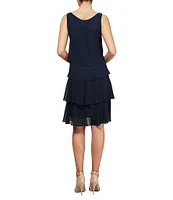 Ignite Evenings Chiffon Tulip Tiered Hem Sleeveless Round Neck Sheath Dress