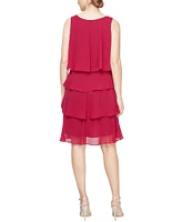 Ignite Evenings Chiffon Tulip Tiered Hem Sleeveless Round Neck Sheath Dress