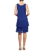 Ignite Evenings Chiffon Tulip Tiered Hem Sleeveless Round Neck Sheath Dress