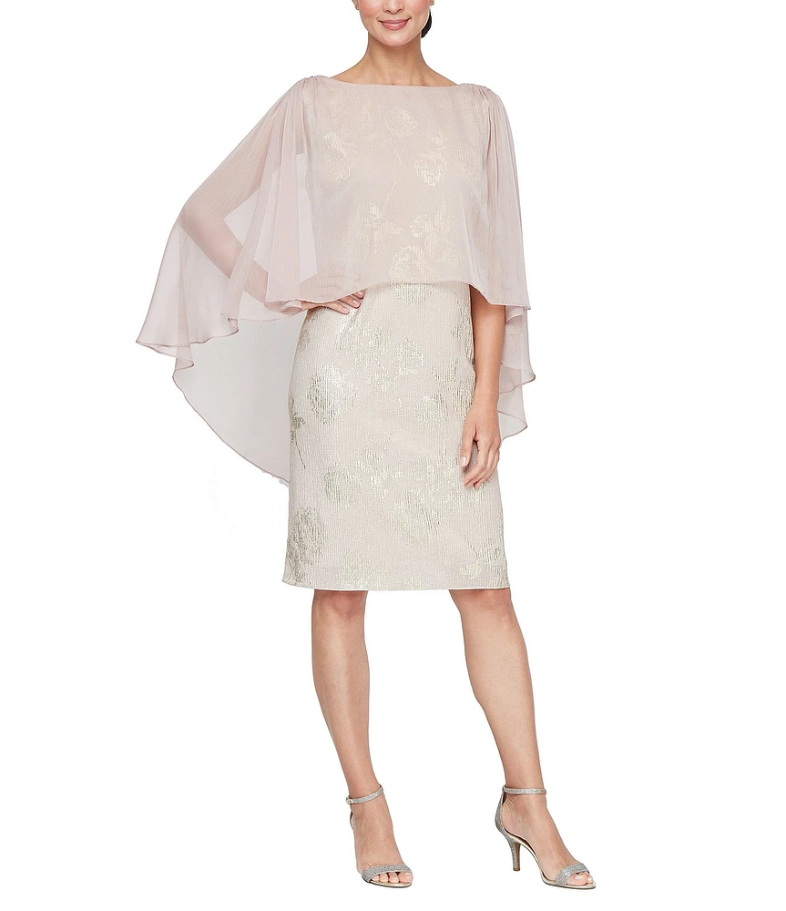 Ignite Evenings Crew Neck 3/4 Chiffon Overlay Sleeve Floral Foil Printed Popover Dress